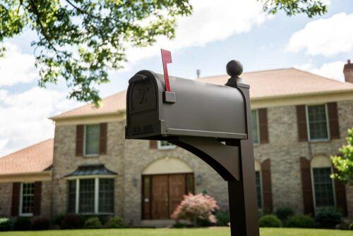 Side of Bronze Post Mount Mailbox with Red Flag Raised