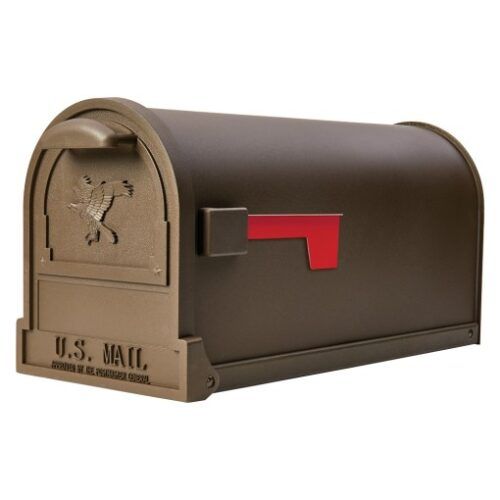 Side of Bronze Post Mount Mailbox with Red Flag