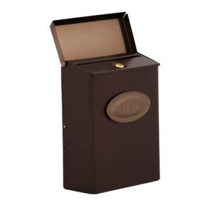 Side of brown wall mount mailbox with flap open