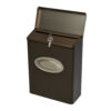 Side of brown wall mount mailbox with flap open