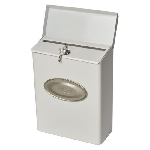 Side of white wall mount mailbox with lock and key