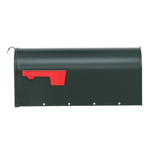 Side of Green Post Mount Mailbox with Red Flag