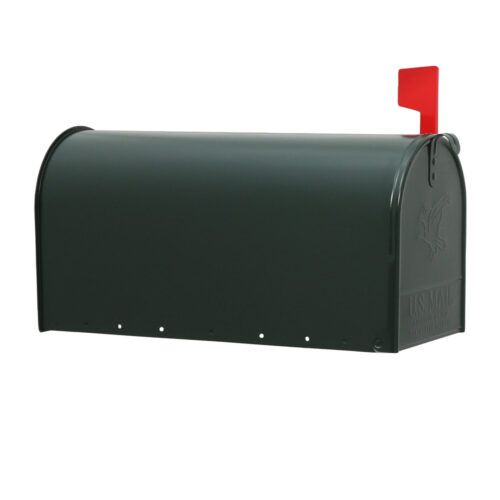 Side of Green Post Mount Mailbox with Red Flag Raised