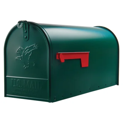 Side of Green Post Mount Mailbox with Red Flag