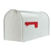 E1600W00_Hero Side of White Post Mount Mailbox with Red Flag