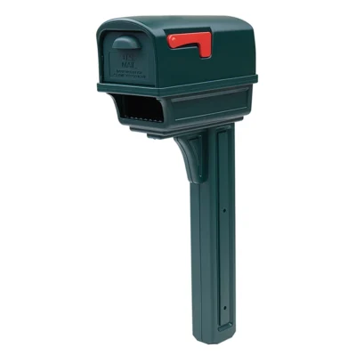 Green mailbox with red flag