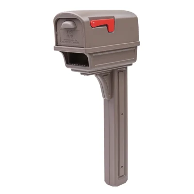 Side image of brown mailbox with red flag