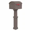 Side of brown mailbox with red flag