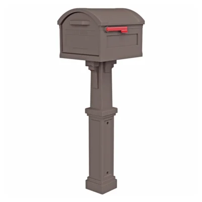 Side of brown mailbox with red flag