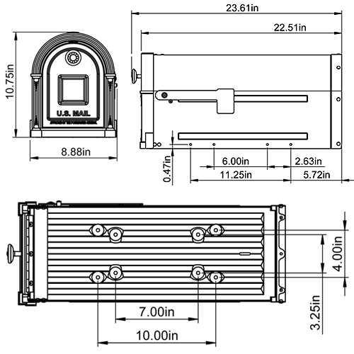 GM16_TechSpecs Diagram of Bronze Post Mount Mailbox