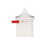 Side of white post mount mailbox with red flag