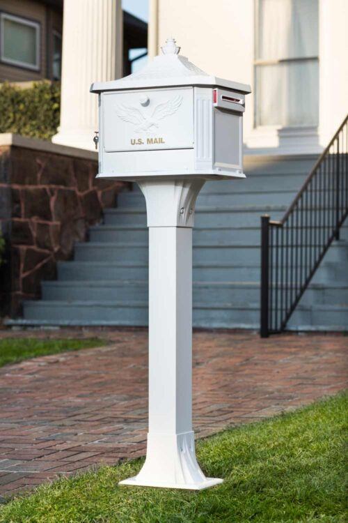 Full View of White Mailbox Post with Decorative Background