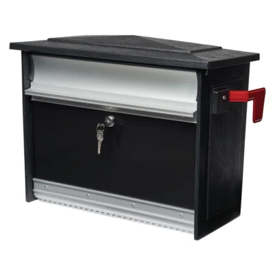 Side of Black Wall Mount Mailbox with Silver Key Inside Silver Lock