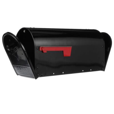 Black Double Door Post Mount Mailbox with Both Doors Cracked Open