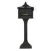 Front view of black pedestal locking mailbox