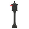 Side view of black pedestal locking mailbox with red flag