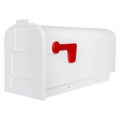 Side of white post post mount mailbox with red flag