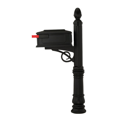 Side view of black Stratford Mailbox with red flag