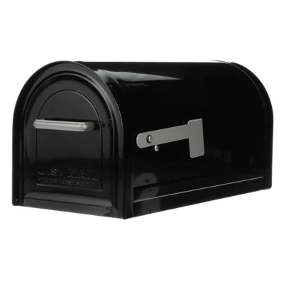 Side of Black Post Mount Mailbox with Silver Flag