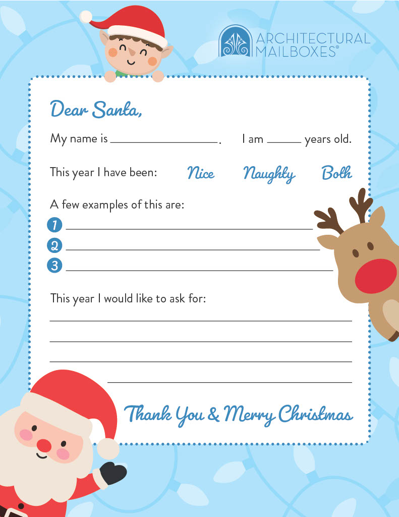 Festive Santa letter template for a child to fill out, with name, age, examples, and a Christmas wish field, surrounded by blue decorations.