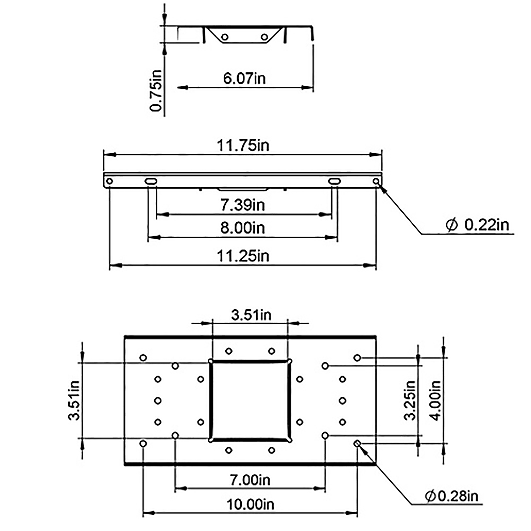 Technical drawing of a rectangular mounting plate with holes and a central square cutout; overall length 11.75 in, width 3.5 in, multiple mounting holes (Ø0.22 in and Ø0.28 in) and offsets shown in inches.