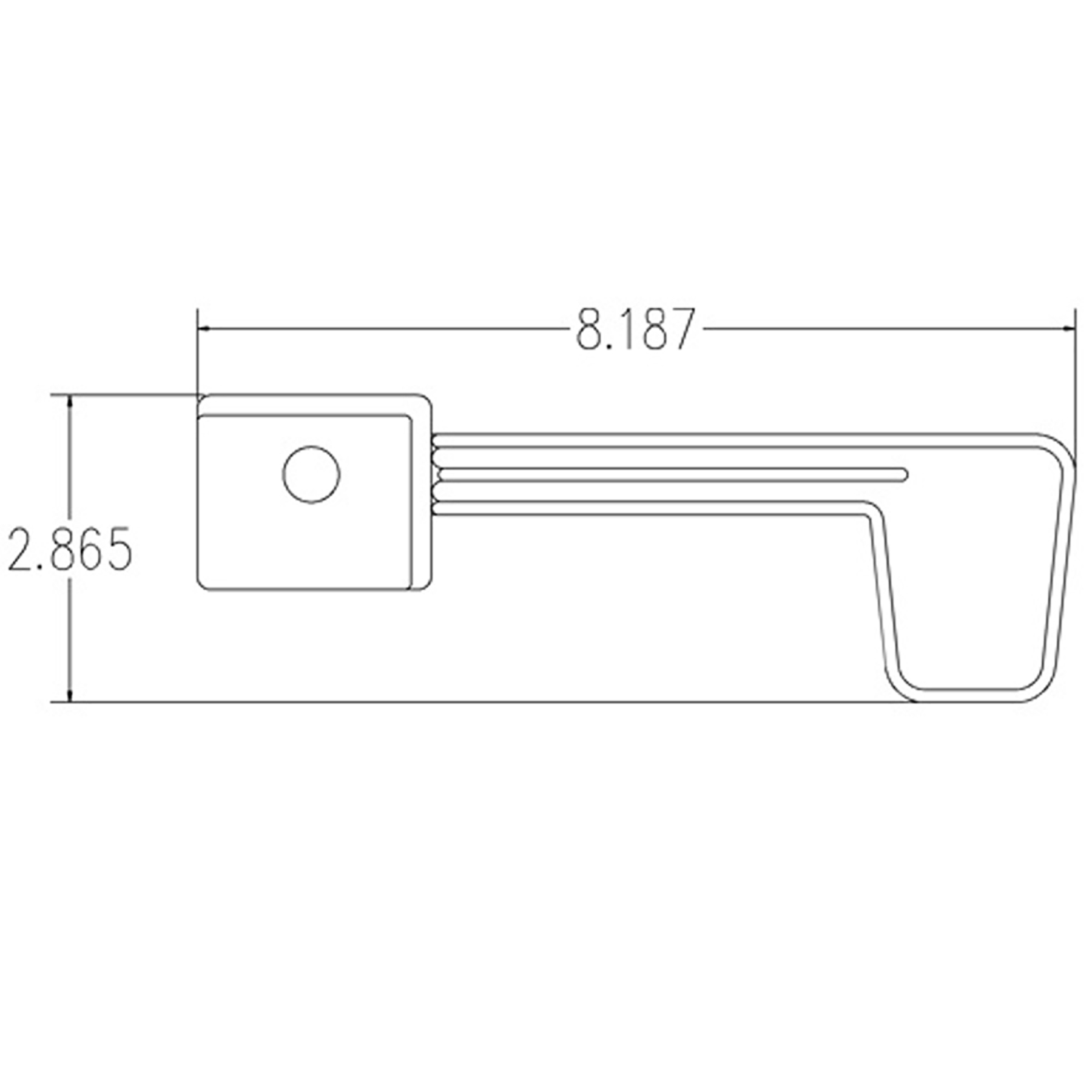 Technical drawing of a mounting bracket with a square block on the left, a circular hole, three parallel ribs, and a curved right end; overall length 8.187 and height 2.865 inches (engineering diagram).