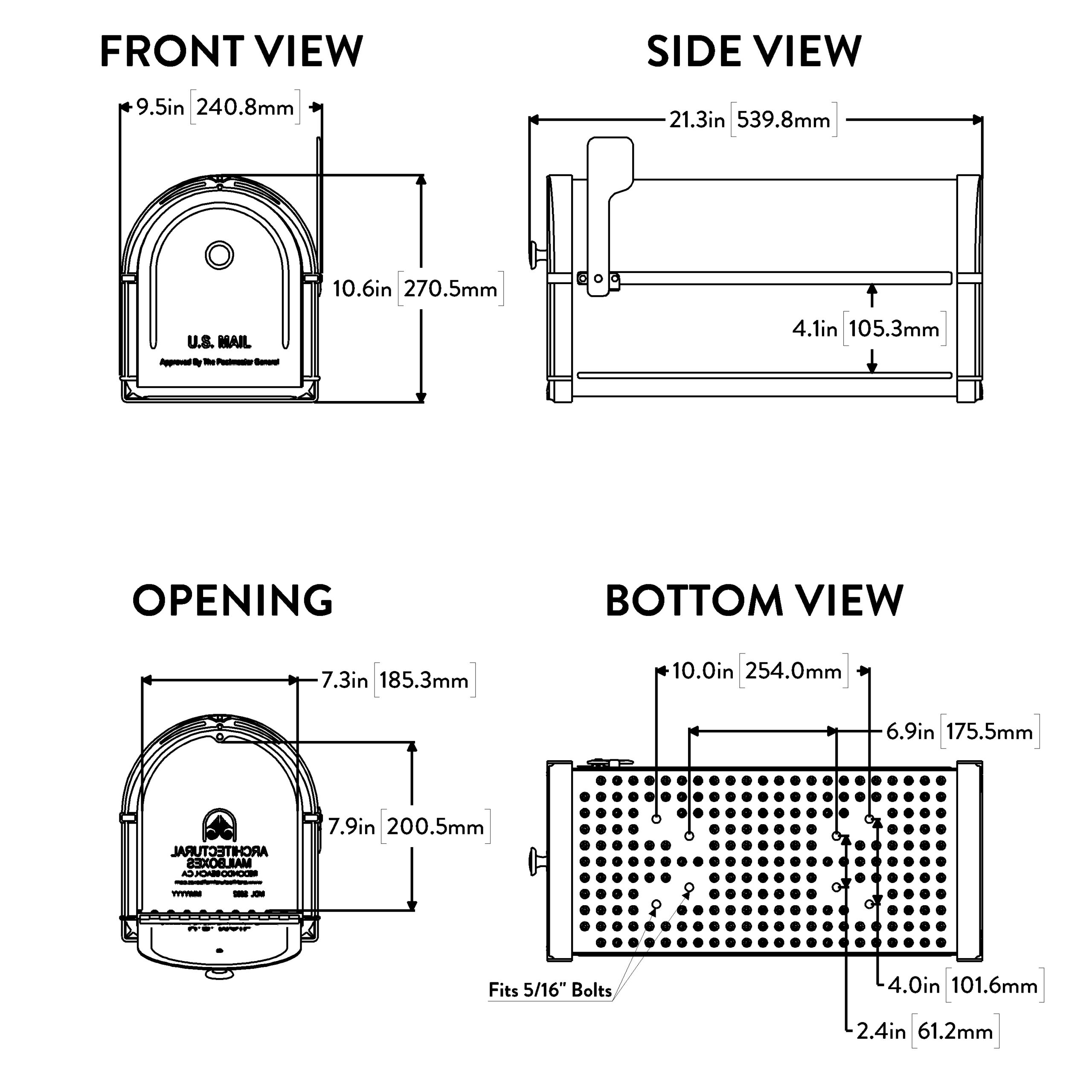 Technical schematic of a mailbox with front, side, opening, and bottom views showing dimensions in inches and millimeters for installation.