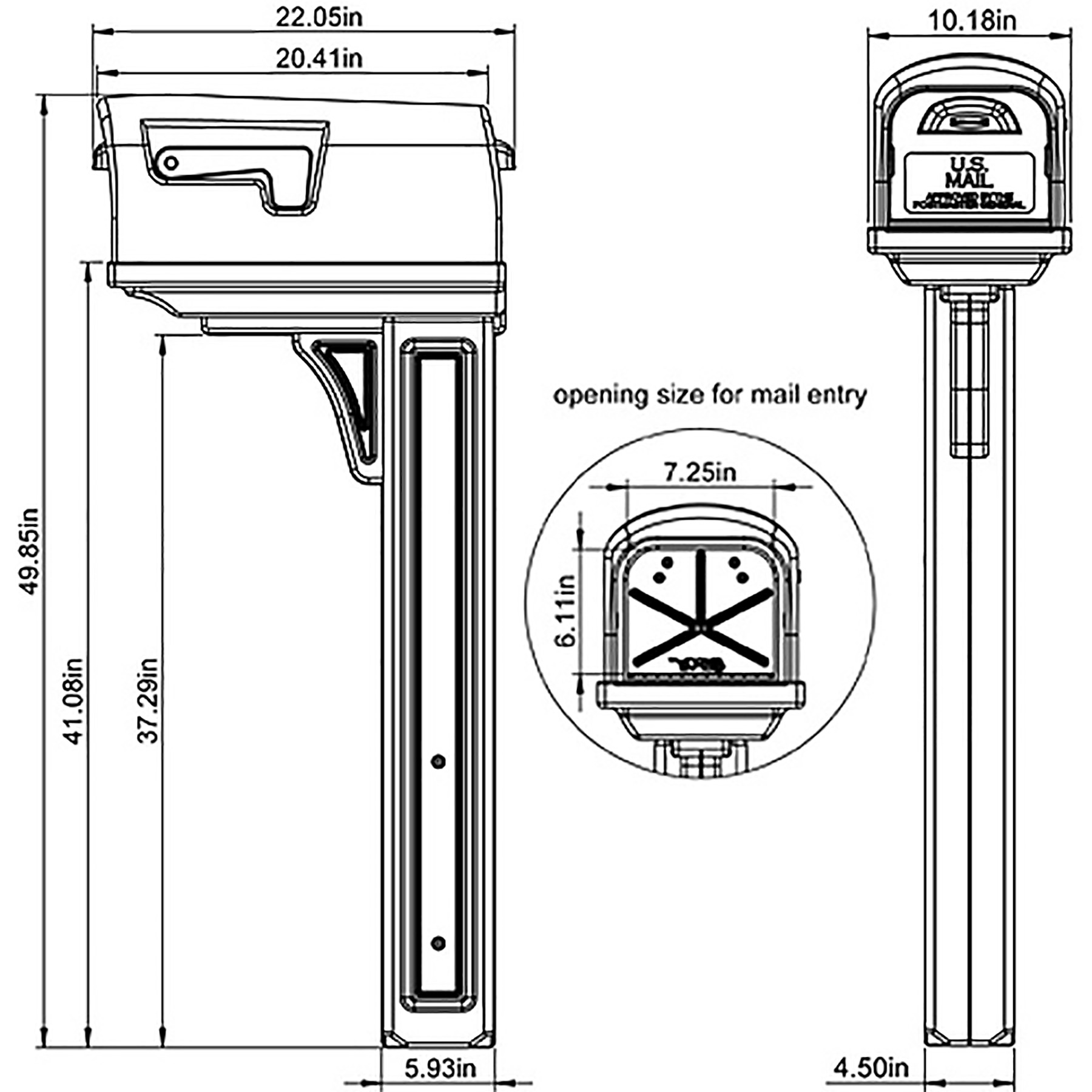 Engineering diagram of a freestanding mailbox on a post with a top mailbox unit and a separate mail entry opening, including dimensional notes (approx. 49.85" tall, 7.25" opening, 6.11" height for the entry).