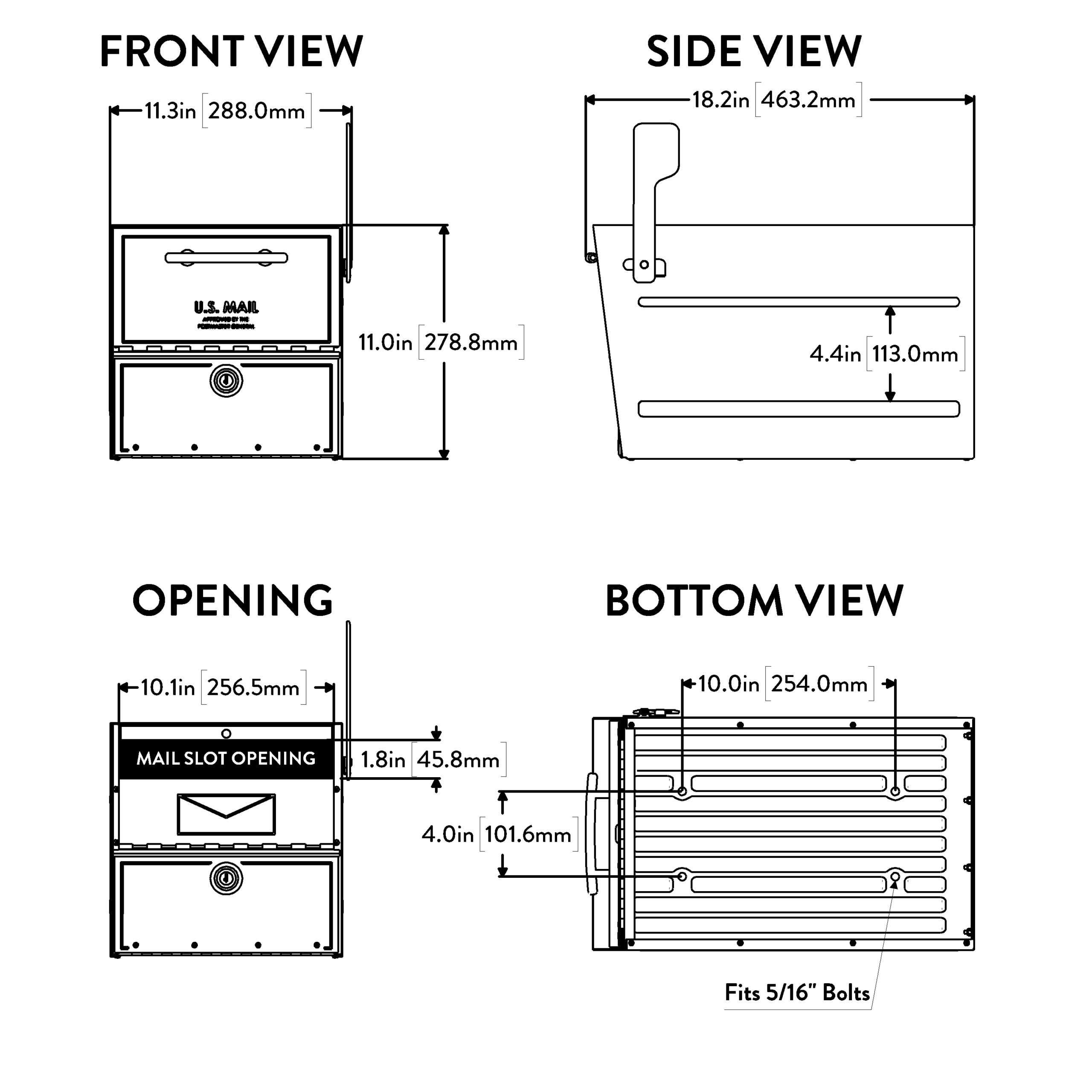 Technical drawing of a mail slot unit showing front, side, opening, and bottom views with labeled dimensions in inches and millimeters.