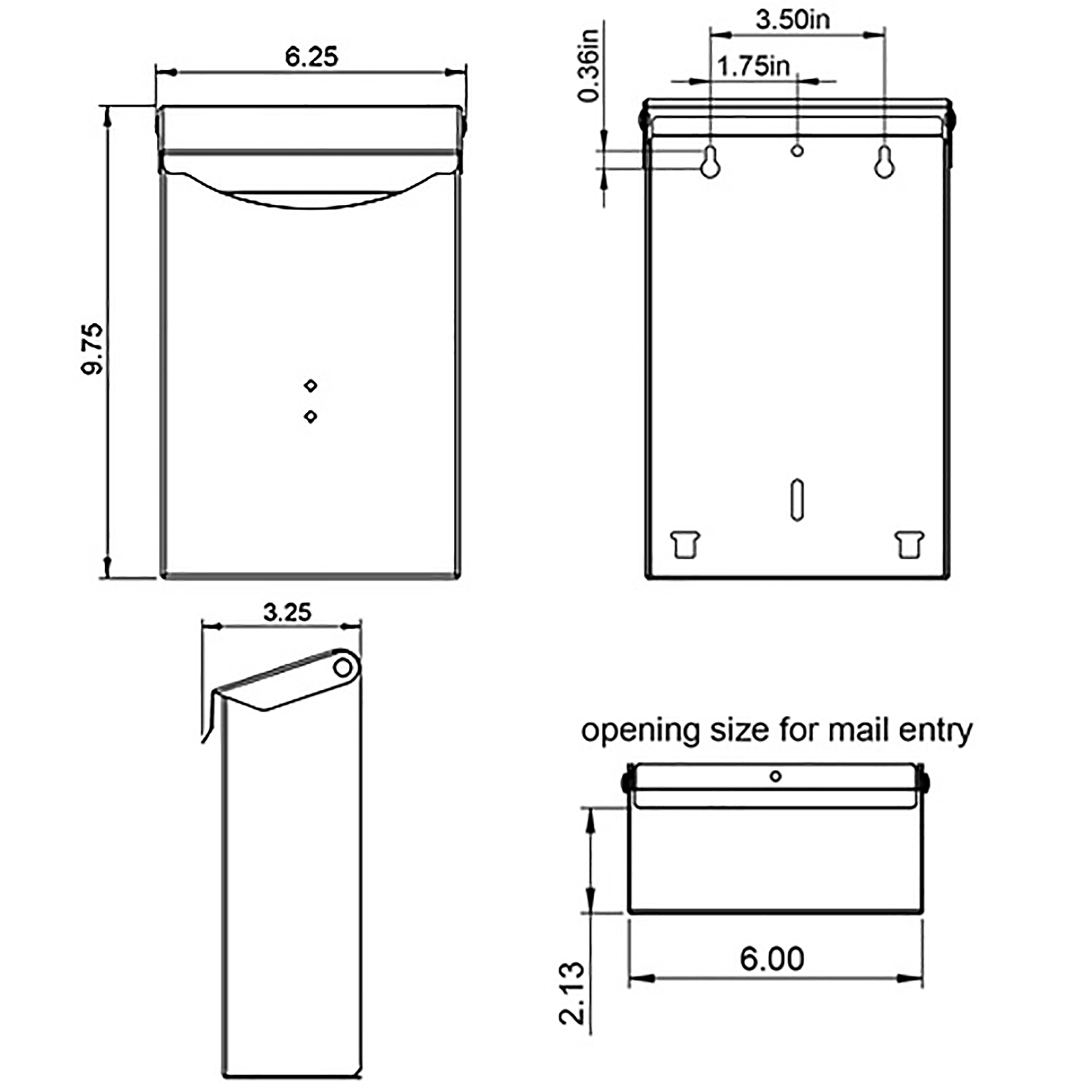 Engineering drawing of a wall-mounted mail drop box with lid; overall 9.75 in tall, 6.25 in wide, mail entry 6.00 by 2.13 in.