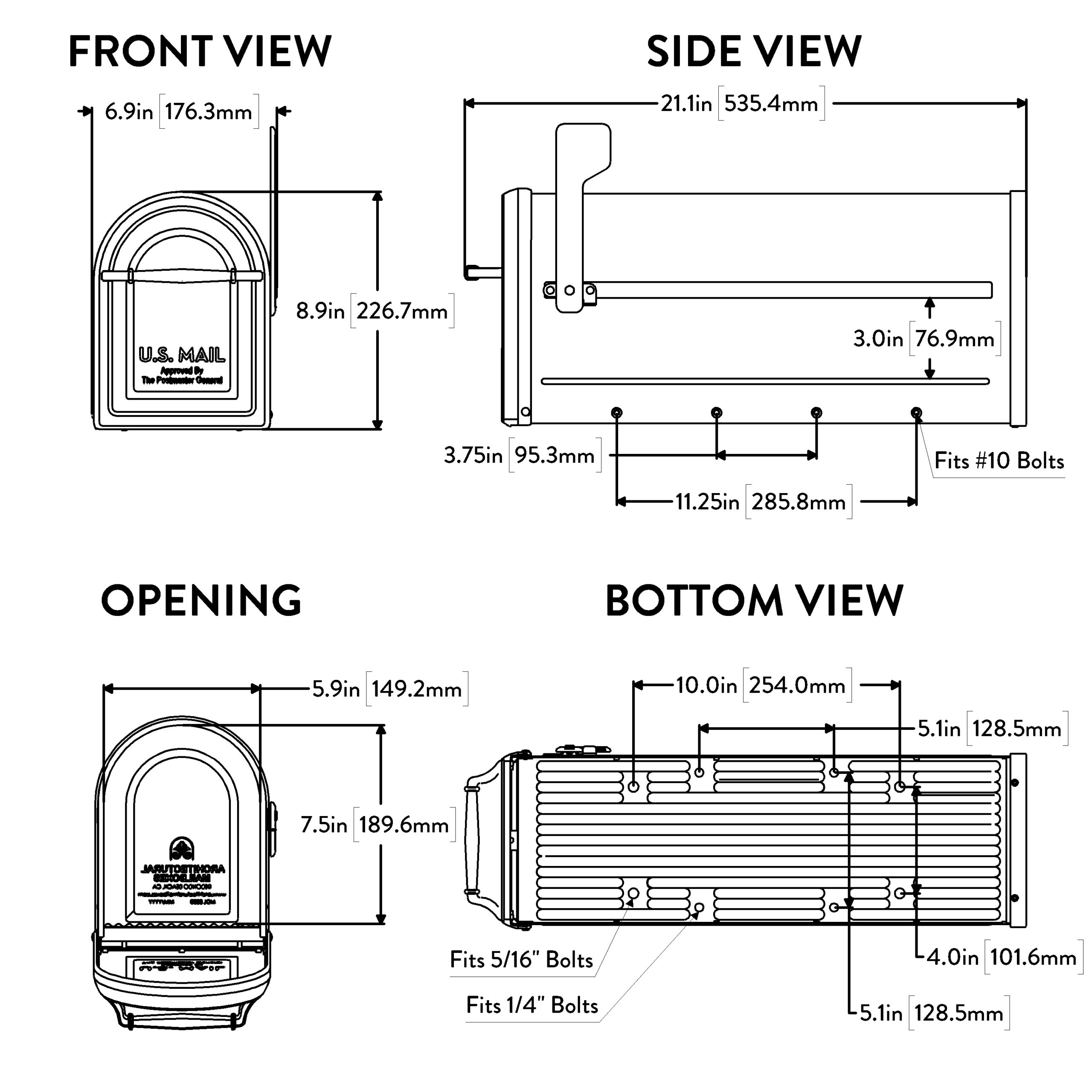 Technical blueprint showing front and side views of a mailbox lock and mounting hardware with dimensions (in inches and millimeters).