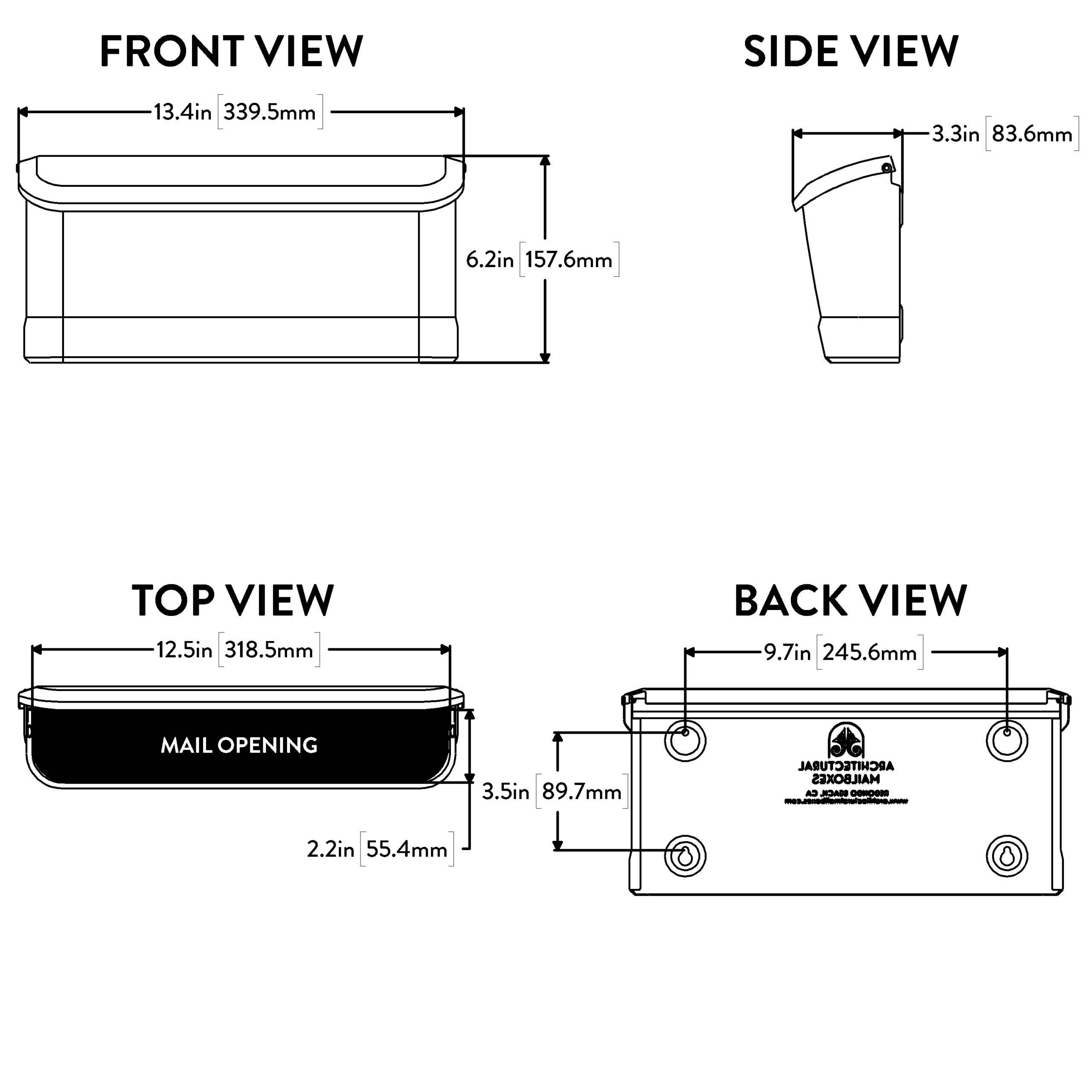 Engineering diagram of a mailbox showing front, side, top, and back views with dimensions and mail opening labeled.