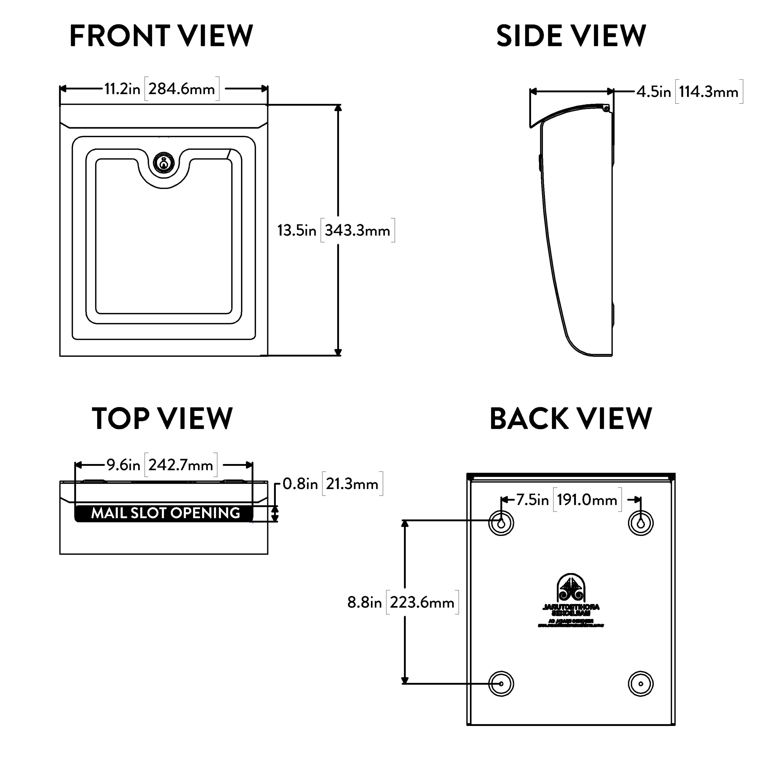 Front view of a wall-mounted mailbox with a recessed inner tray; outer width 11.2 in (284.6 mm) and height 13.5 in (343.3 mm).