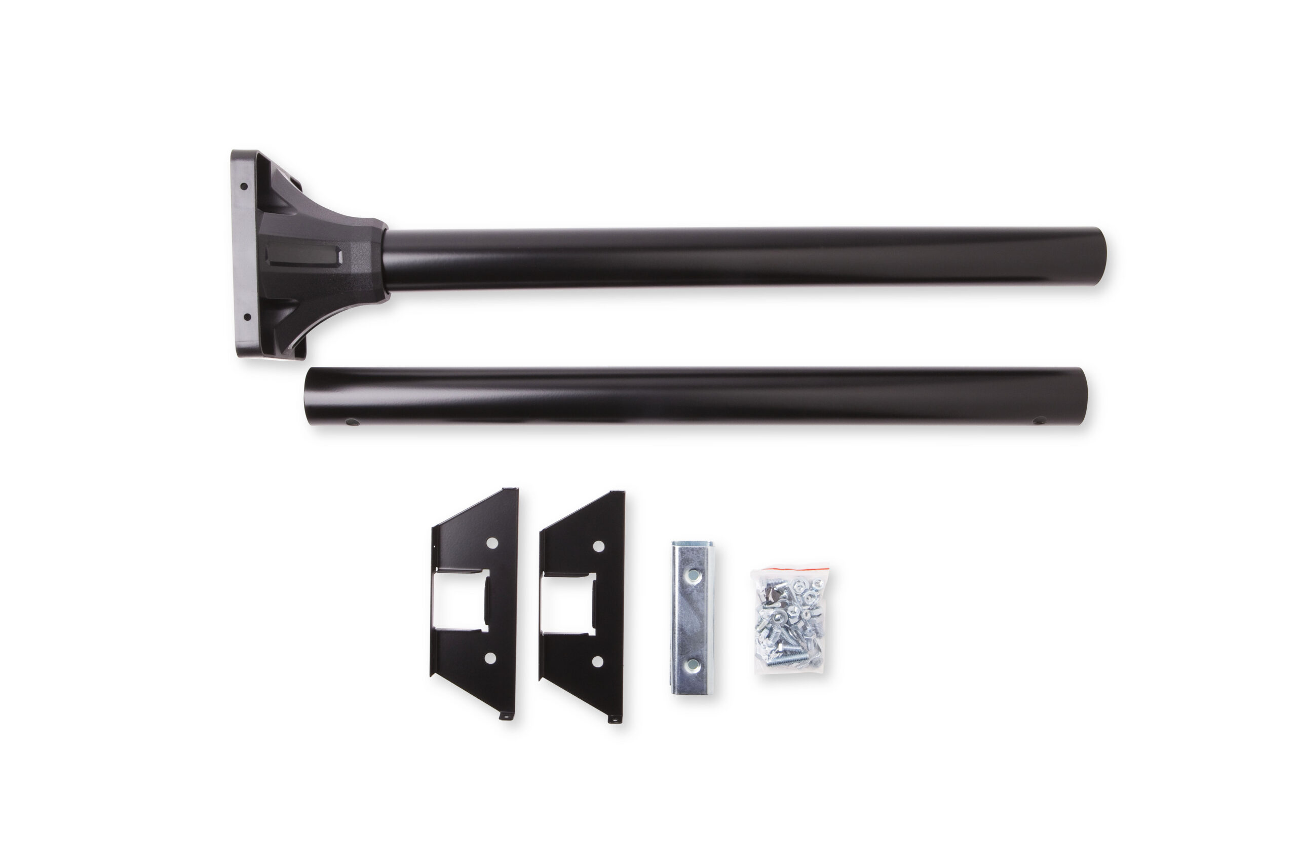 Disassembled door closer kit: two black tubes, mounting brackets, strike plate, metal shim and bag of screws.