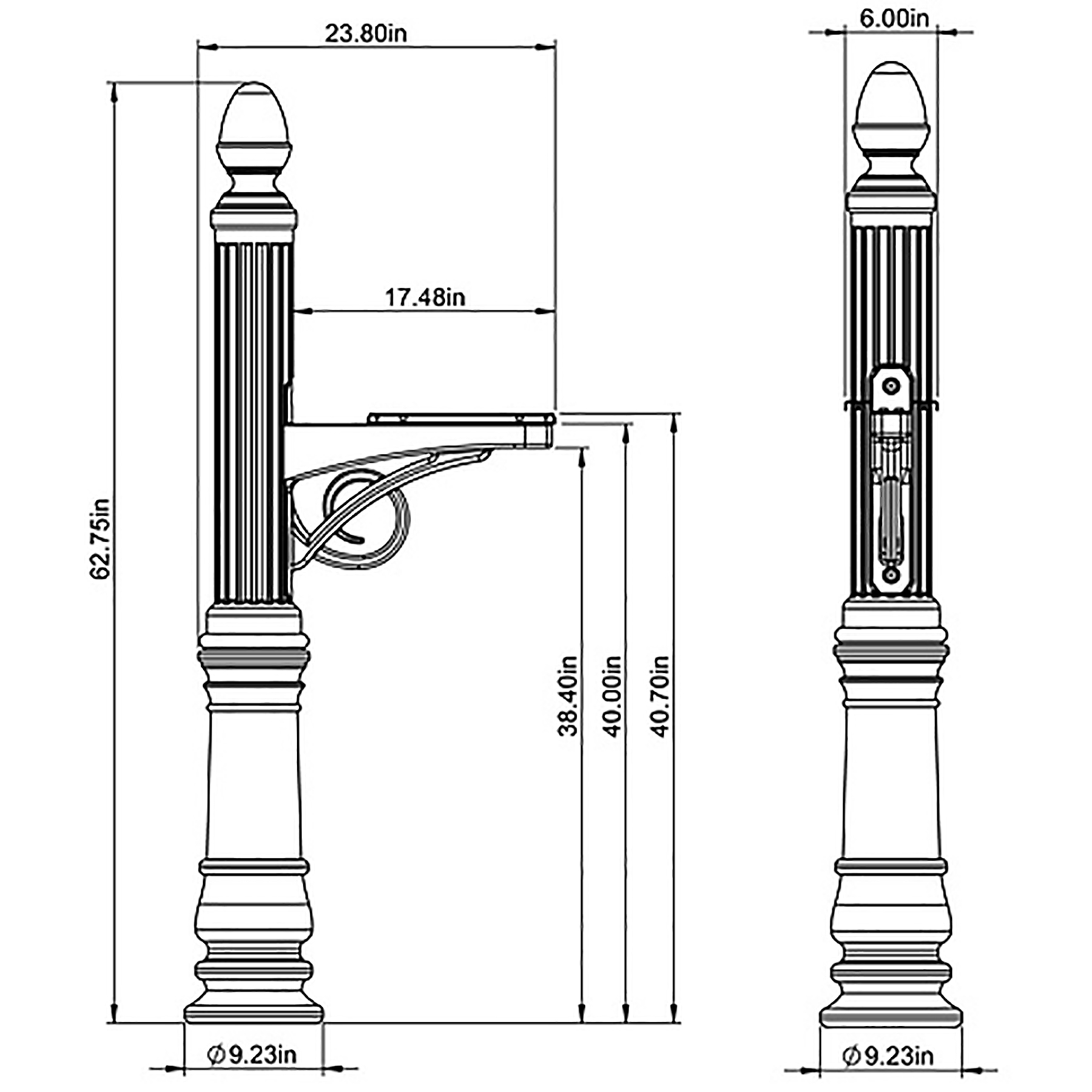 Technical drawing of a decorative post lamp shown in front and side views with dimensions: overall height about 62.75 inches, base diameter ~9.23 inches, arm protrusion ~17.48 inches, top finial and lantern dimensions indicated.
