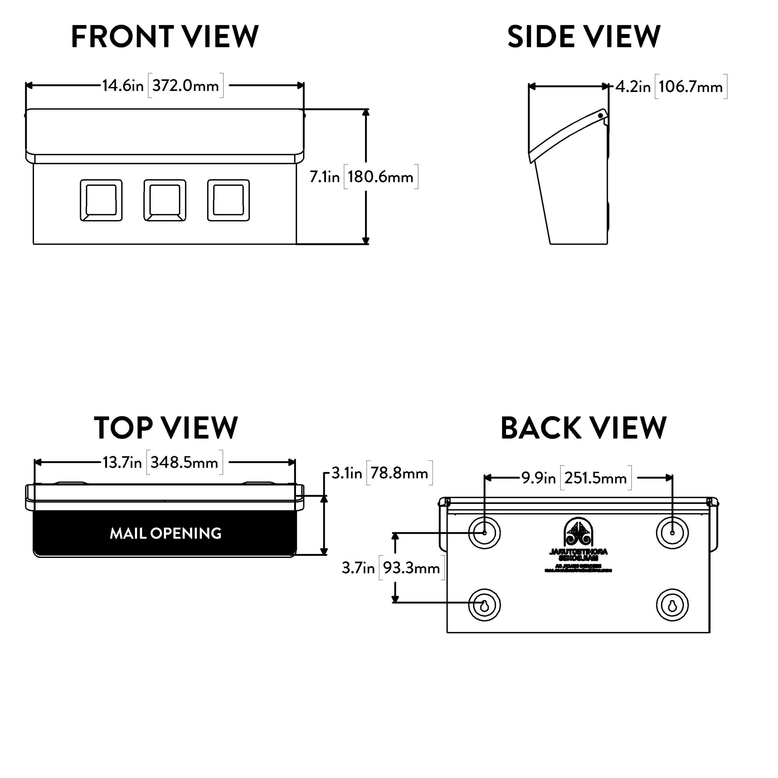 Technical diagram of a rectangular device shown in front, side, top, and back views with dimensions; features include a lid and three square controls on the front and a 'MAIL OPENING' label on the side.