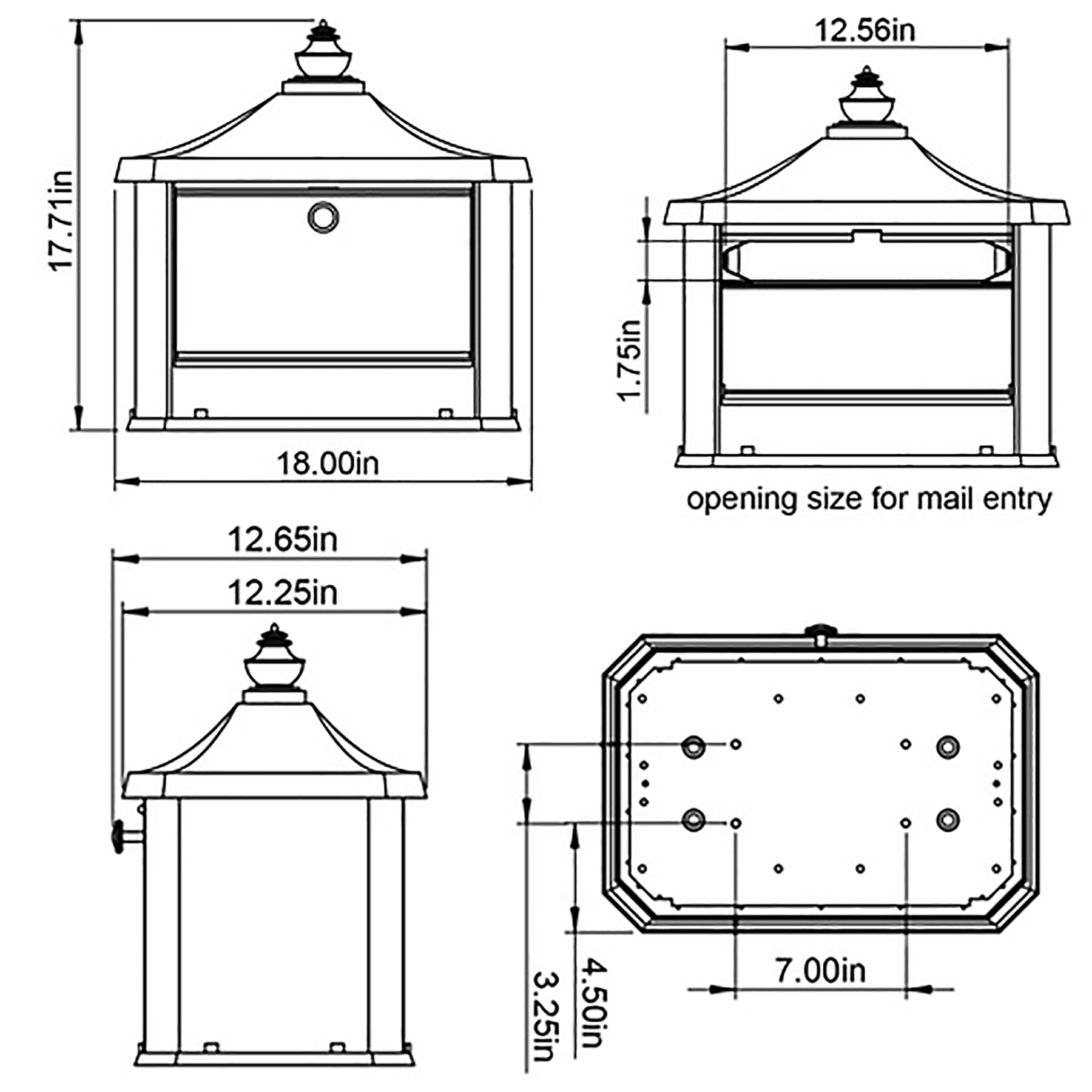 Technical drawing of a decorative outdoor mailbox with overall width and height dimensions and a labeled mail opening (12.56 in).