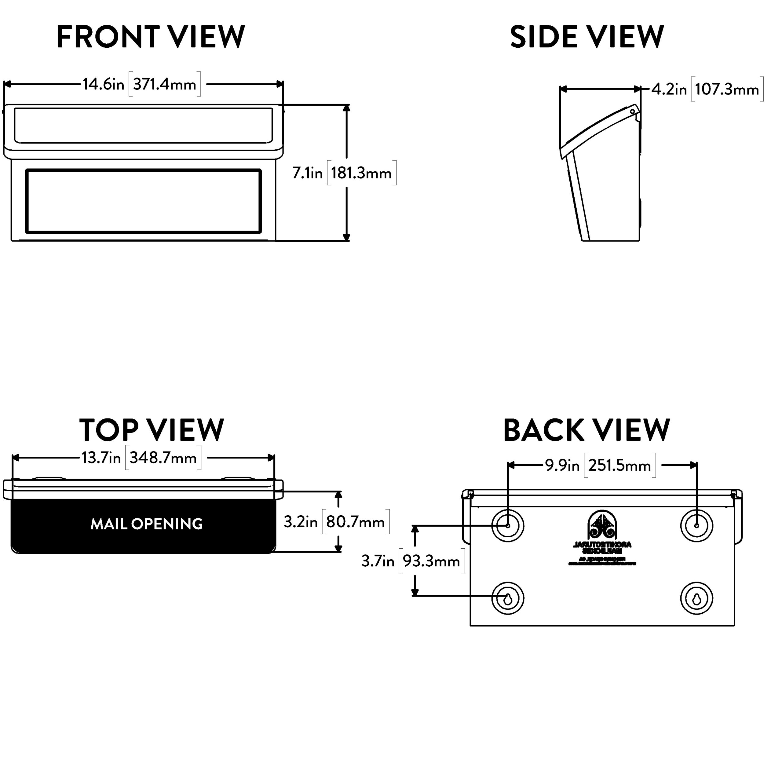 Technical drawing of a mail-opening mailbox with front, side, top, and back views and dimension labels, showing overall size and mounting holes on the back.