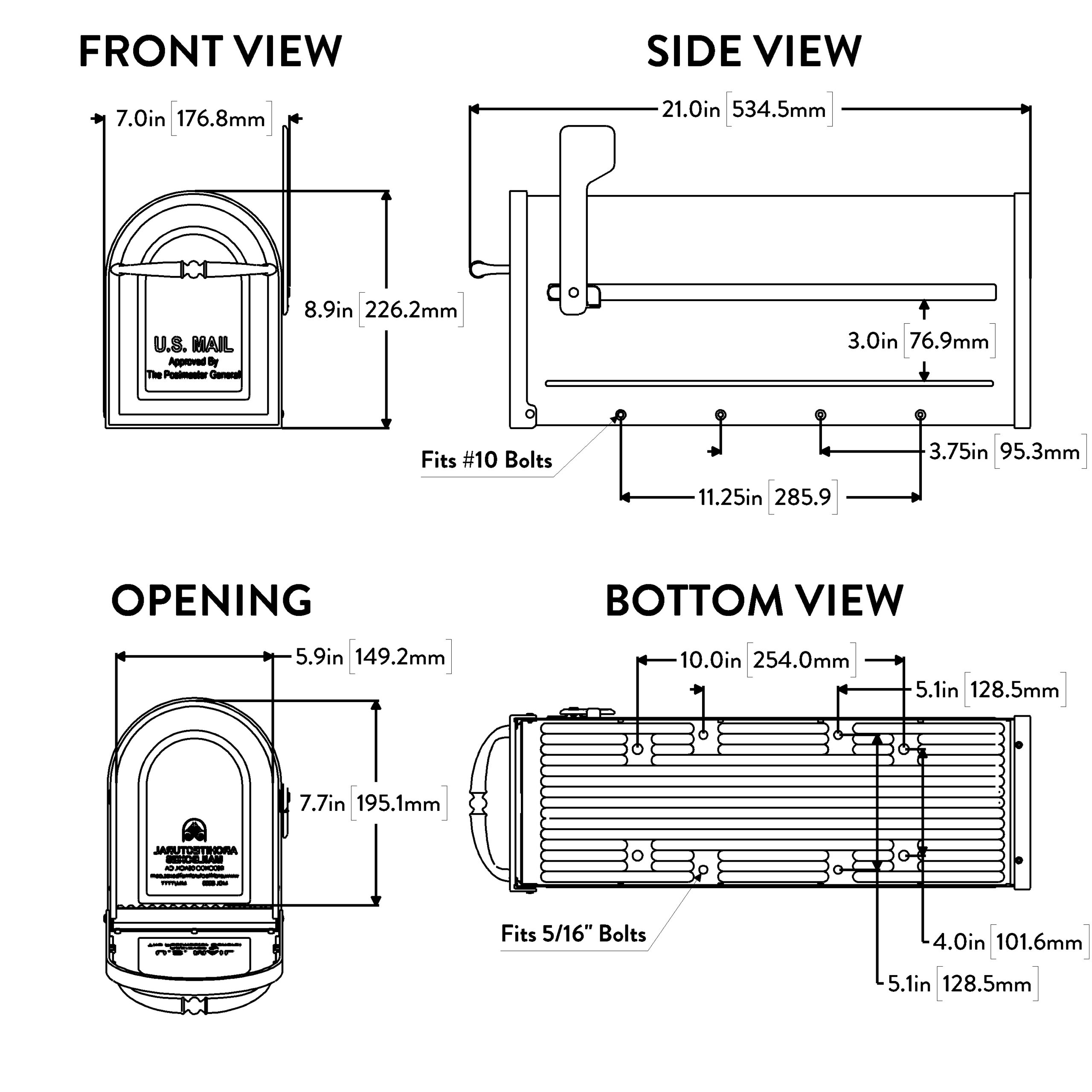 Technical schematic showing front, side, bottom, and opening views of a recessed mail-drop lock with measurements.