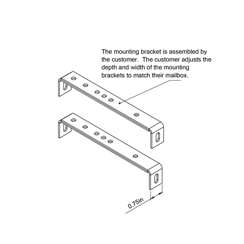 Two elongated metal mounting brackets with multiple screw holes, shown in an isometric view; used to mount a mailbox, with the customer assembling and adjusting depth and width to fit the mailbox (0.75 in width shown).