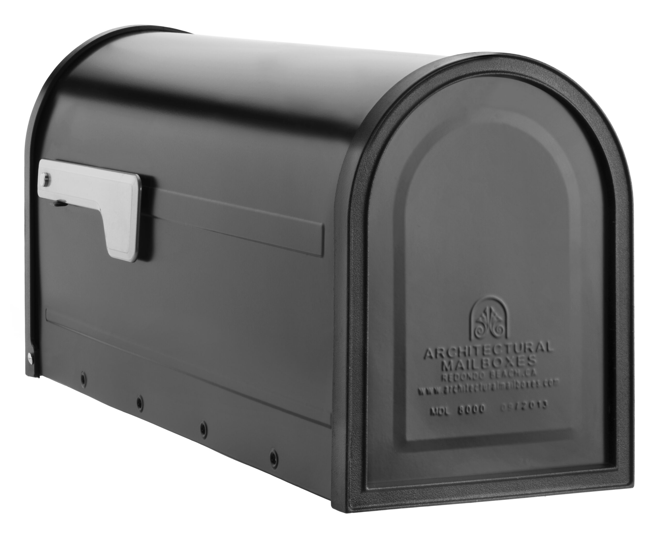 Black curved-top mailbox with side flag and embossed front panel, shown in a resin-like finish for curbside use.