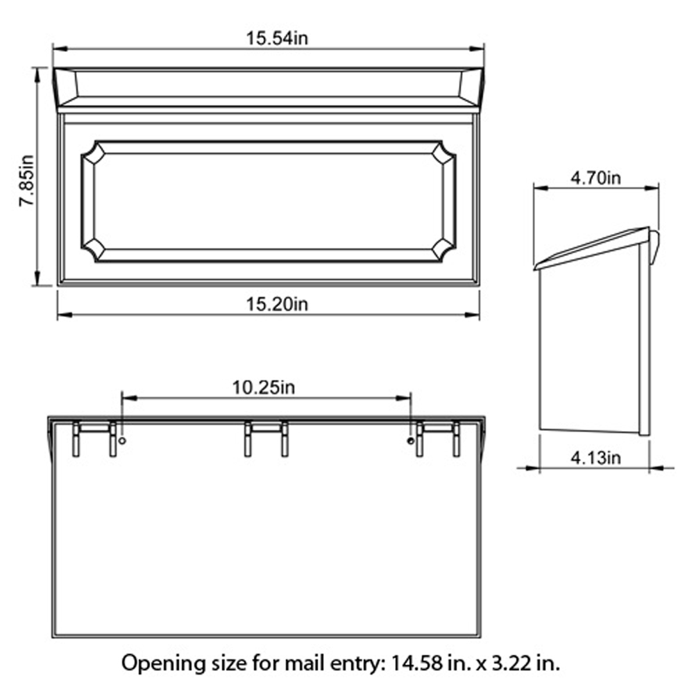 Technical drawing of a wall-mounted mailbox with a decorative front panel and top slot; overall size 15.54 by 7.85 inches, front opening 14.58 by 3.22 inches, and side depth about 4.70 inches.