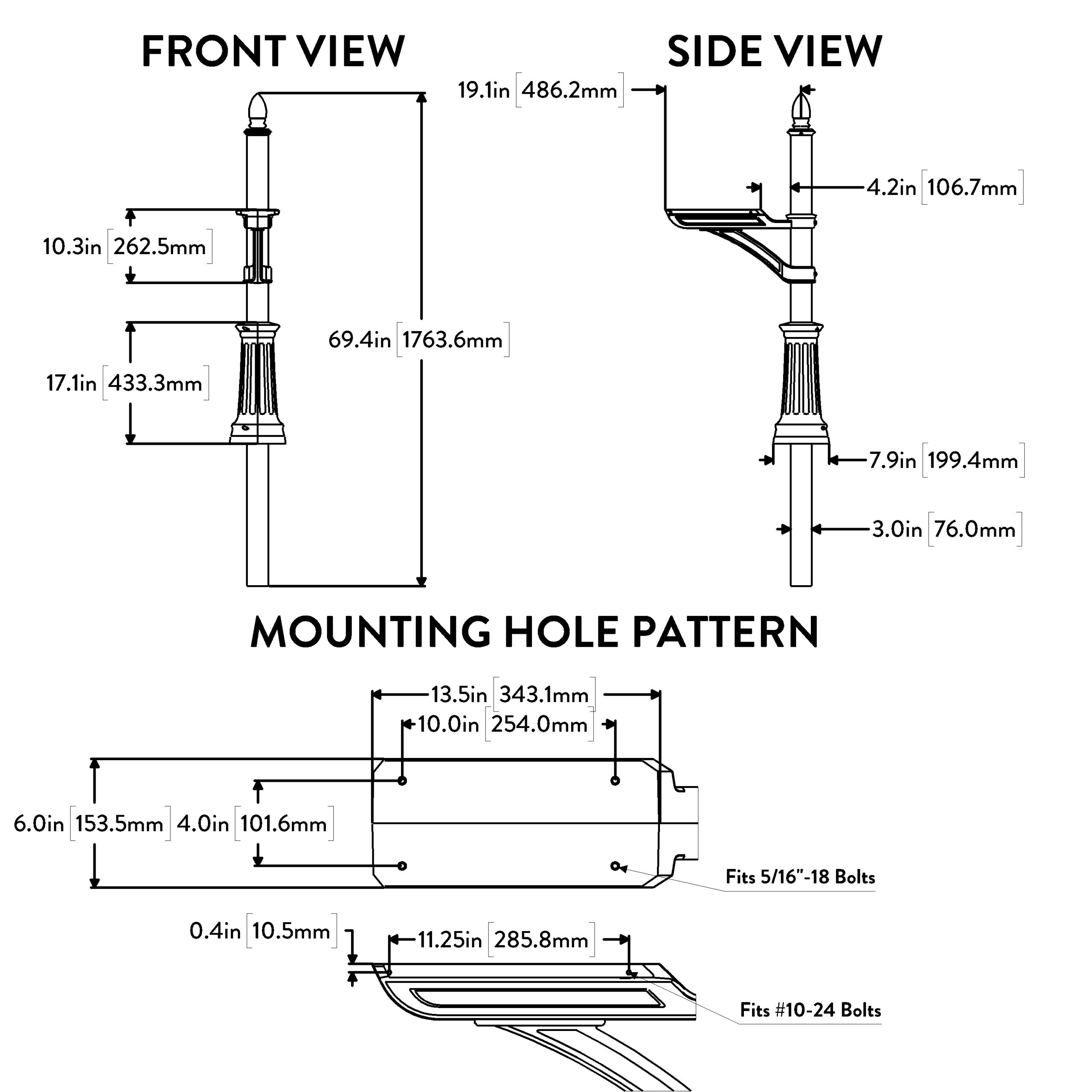Technical drawing of a vintage street lamp with front and side views and a mounting hole pattern with bolt sizes.