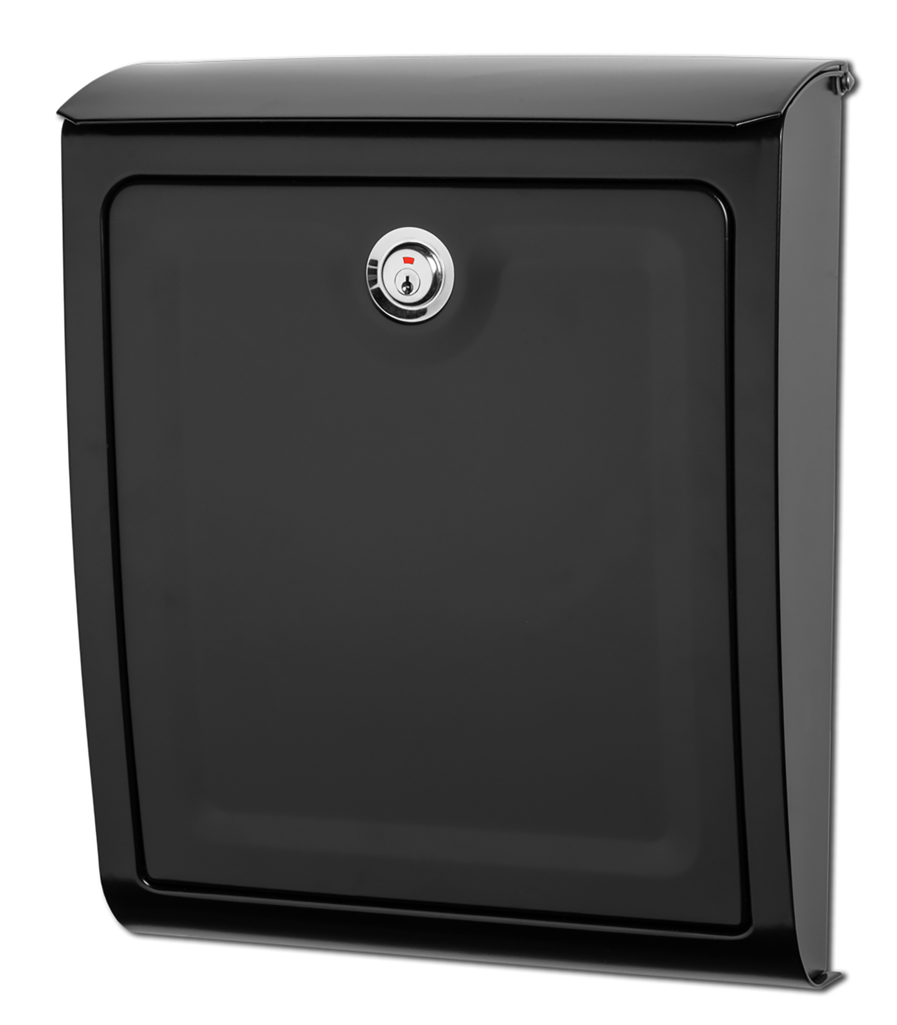 Black metal freestanding safe with a round combination dial on the door and a curved top edge.