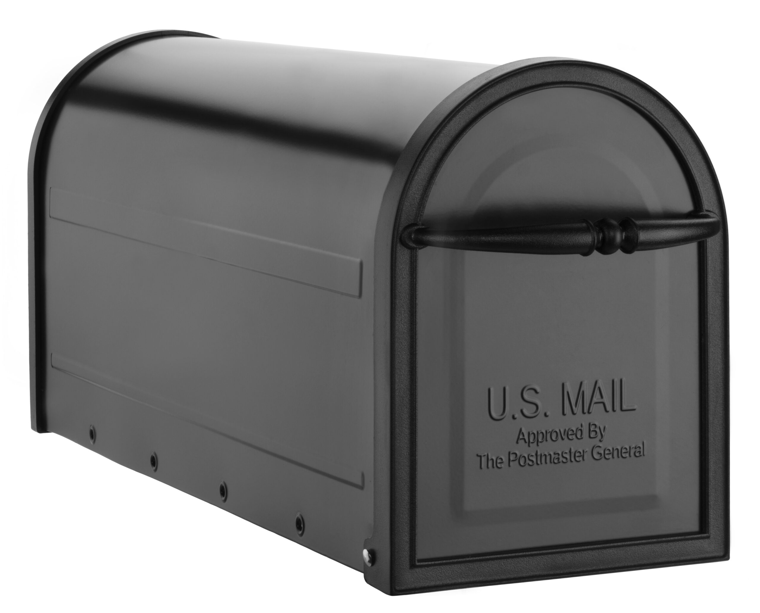 Black curved-top mailbox with a Front door labeled U.S. MAIL and a handle for depositing mail in the front panel