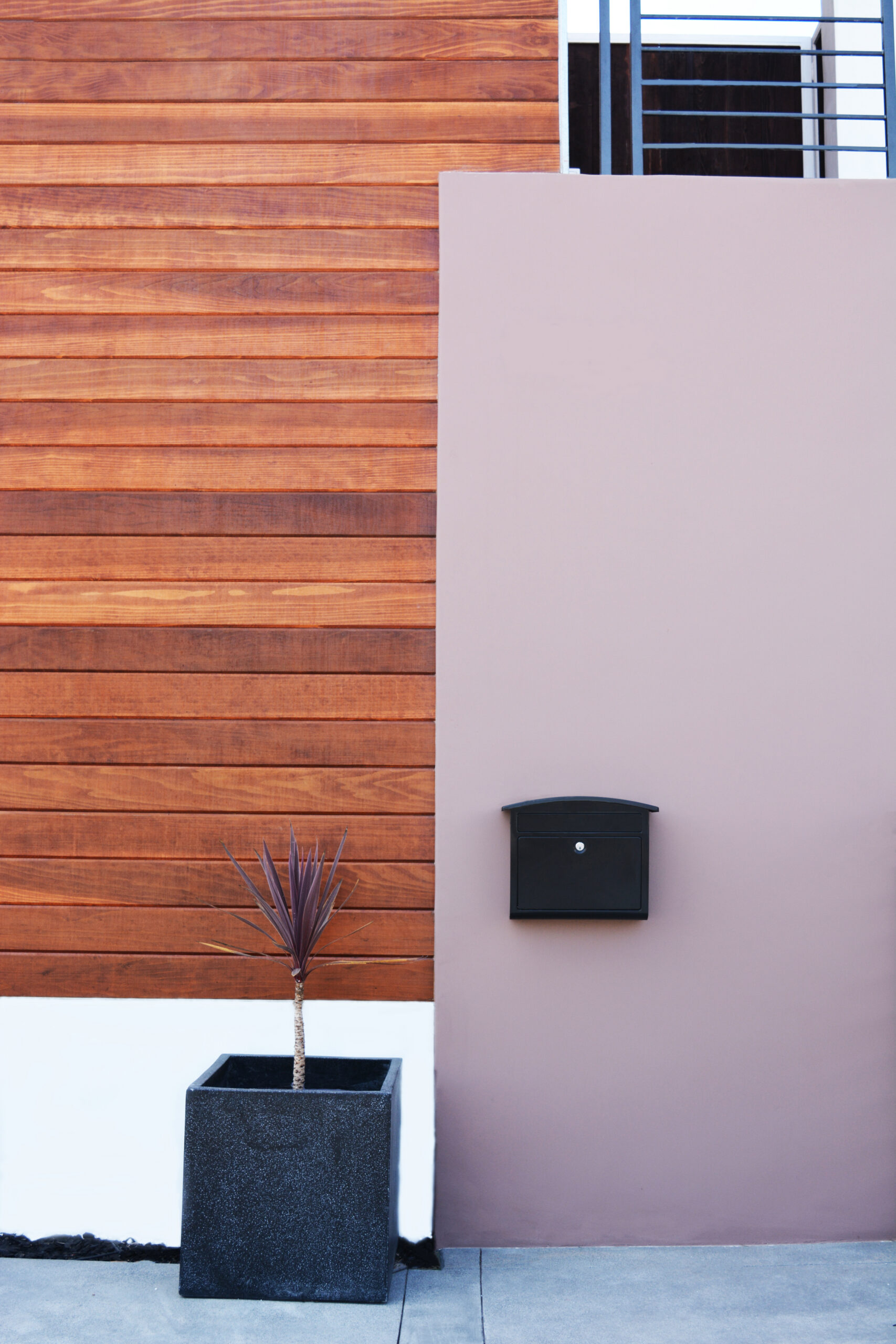 Modern exterior wall with horizontal wooden siding, a lilac stucco panel, a black wall mailbox, and a potted purple‑leaf plant.