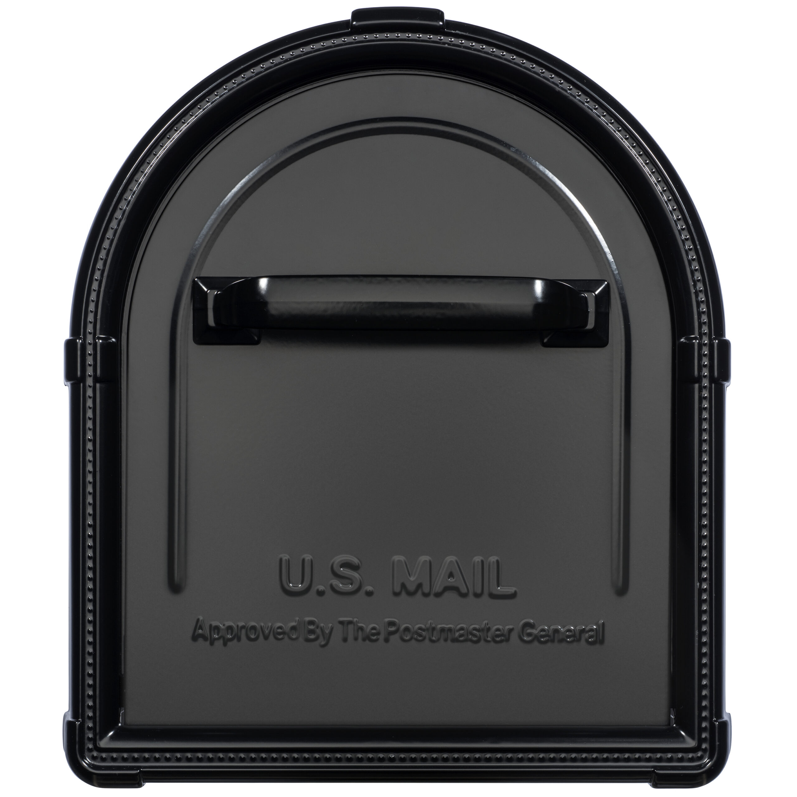 Front view of a black U.S. Mail mailbox with a curved top, handle, and embossed 'U.S. MAIL' text on the door.