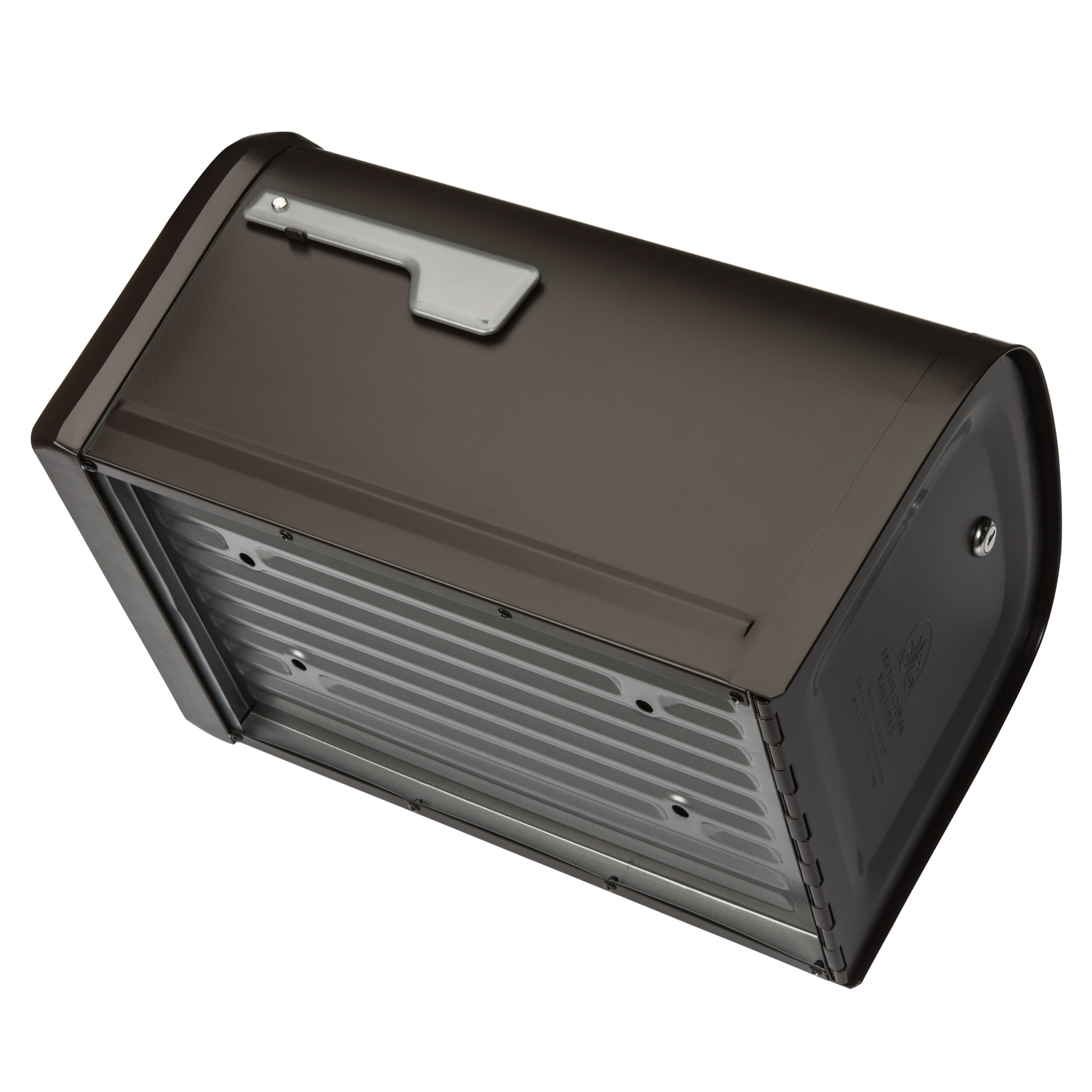 Brown curved-top wall-mounted mailbox with a front slot and handle; interior mail compartment visible.