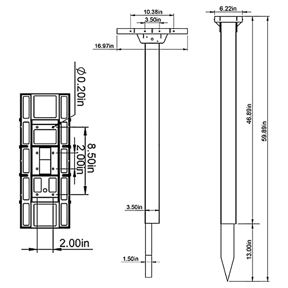 Engineering drawing of a tall mounting post with a base plate and a pointed ground stake, showing overall height about 59.9 inches and various dimensions (top plate width, shaft, and tip).