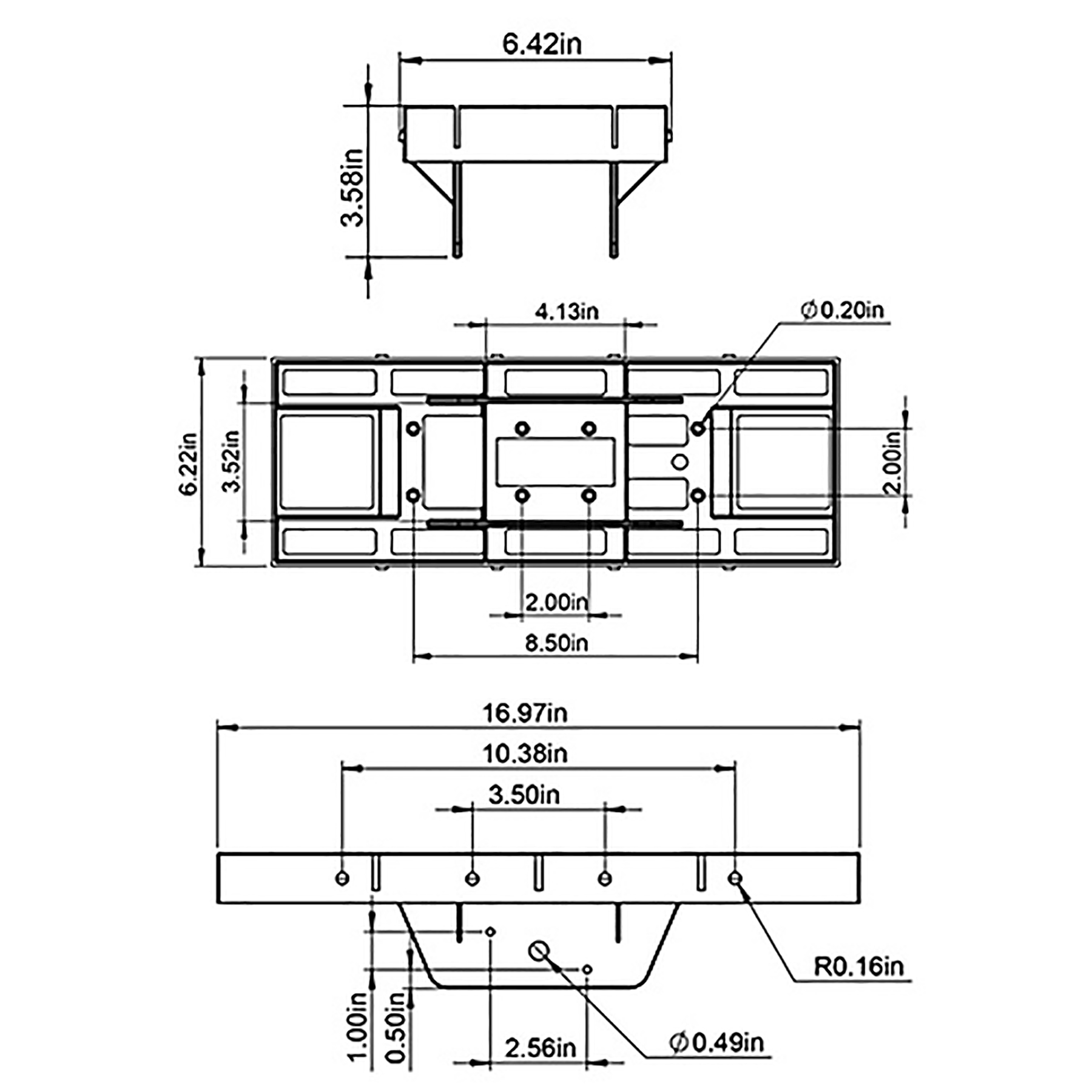 Technical drawing of a rectangular module with mounting pins, shown in top, side, and bottom views with overall dimensions (16.97 in long, 6.22 in wide) and multiple holes (Ø0.20 in).